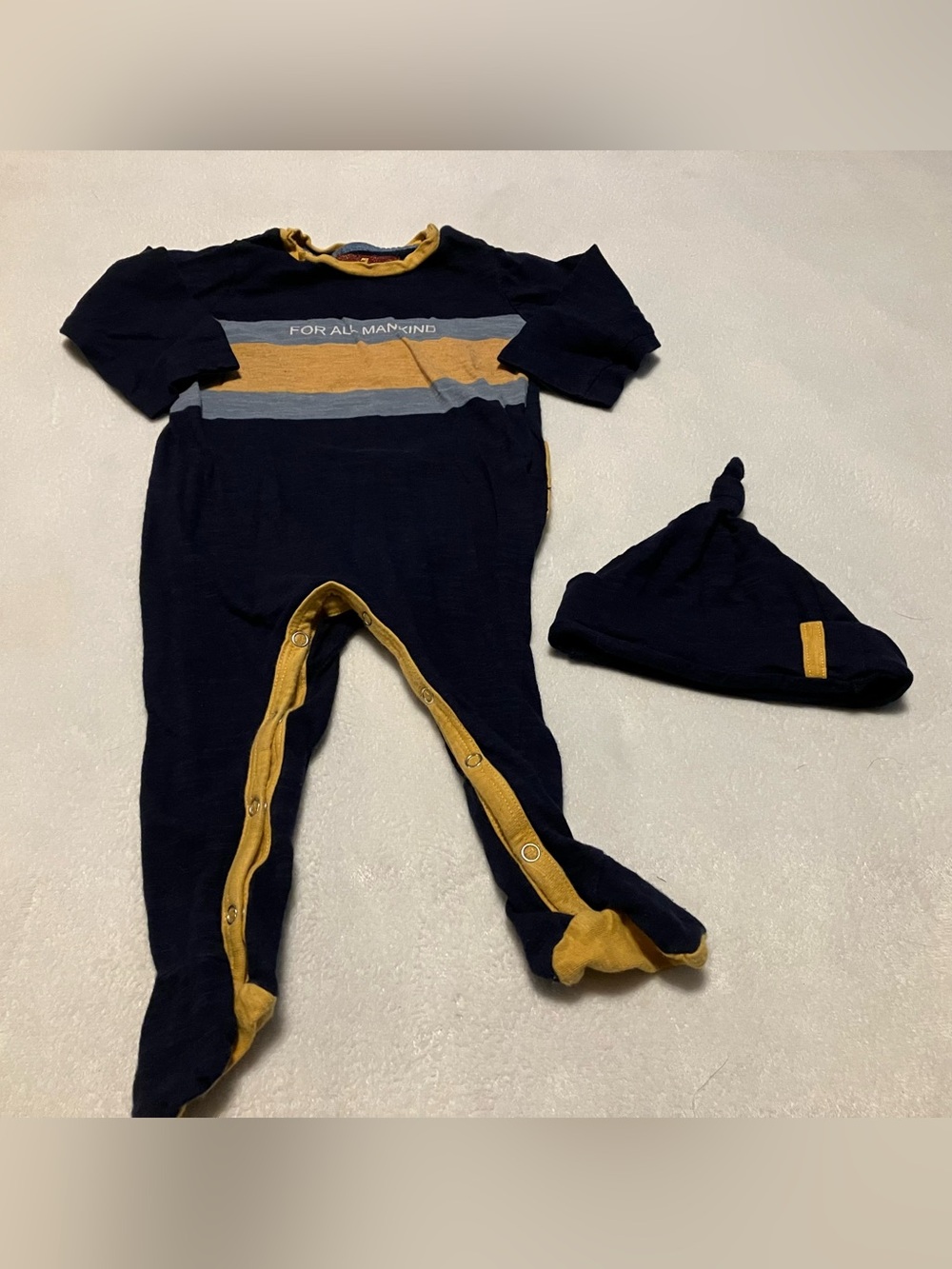 7 For All Mankind Navy One-Piece Footie with Mustard Trim and Hat